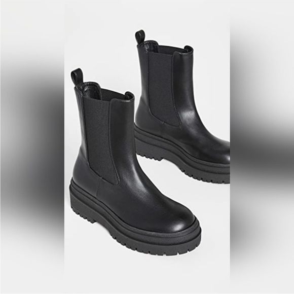 New Good American Black Leather Pull On Platform Boots - Picture 13 of 13